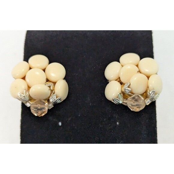 Vintage Mid Century Cream and Faceted Bead Earrings - Picture 2 of 7
